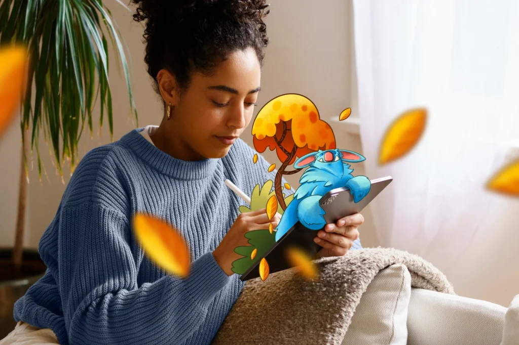 joven usando una tablet para ilustrar o escribir