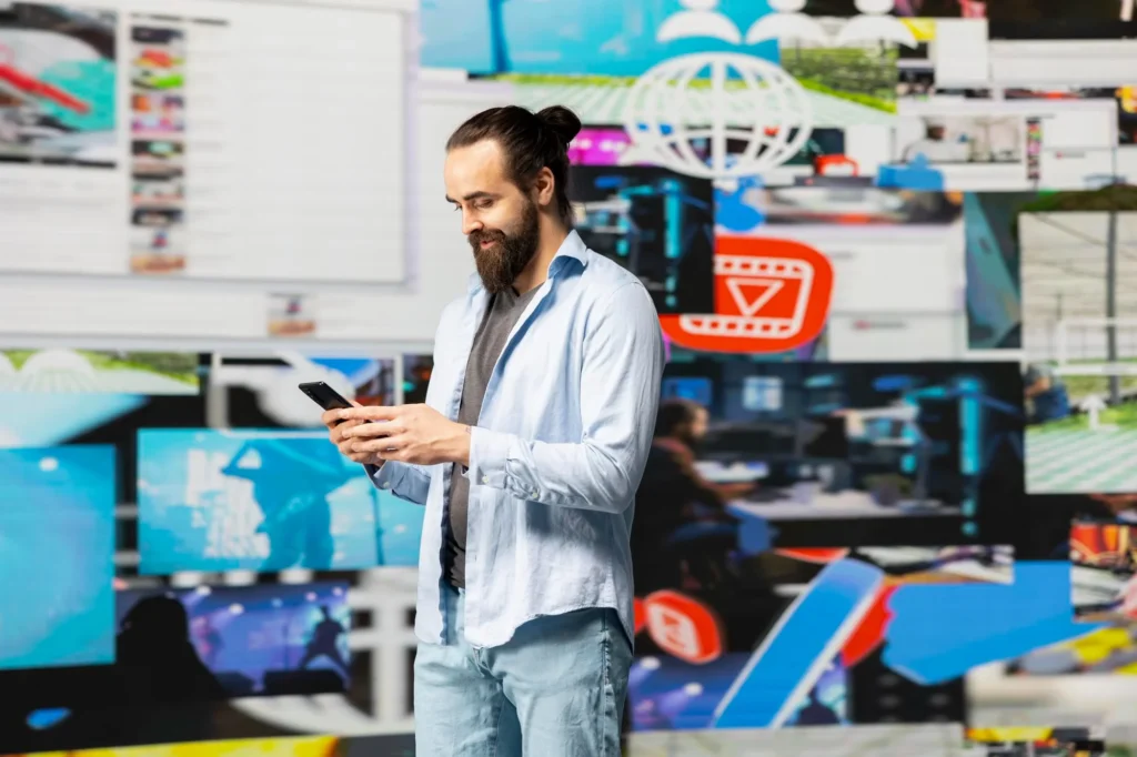 hombre revisando dispositivo en una tienda de informática