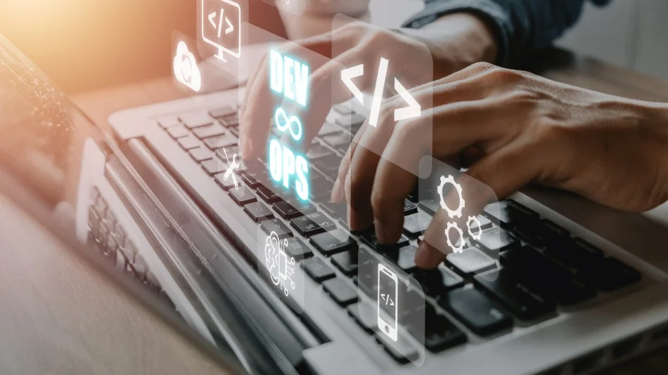 mujer usando la computadora con iconos de devops