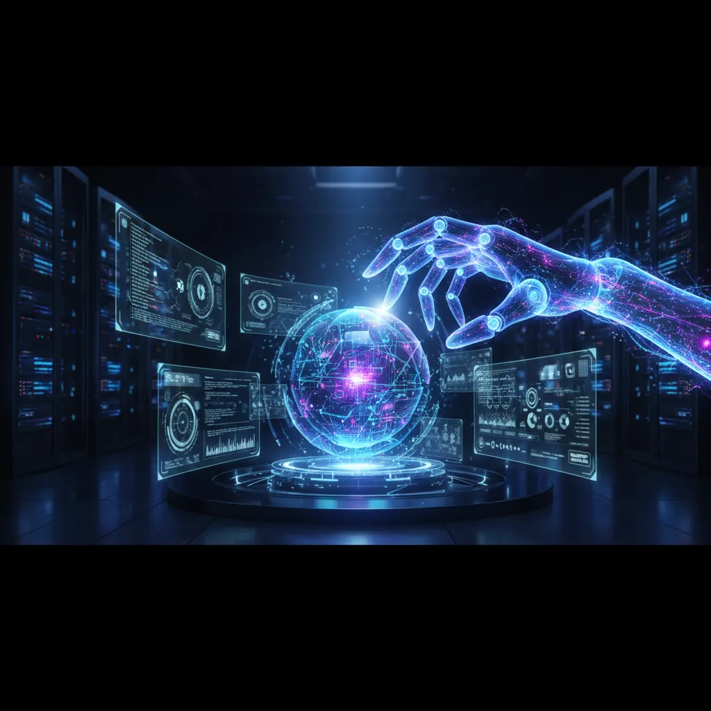 Ilustración futurista de un brazo robótico etéreo, representando el concepto de Open Claw, manipulando datos holográficos, simbolizando la autonomía avanzada de los agentes IA.