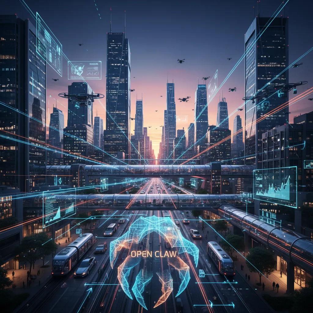 Vista aérea de una ciudad inteligente, donde agentes IA con Open Claw optimizan la logística y la infraestructura, demostrando aplicaciones prácticas de la autonomía.