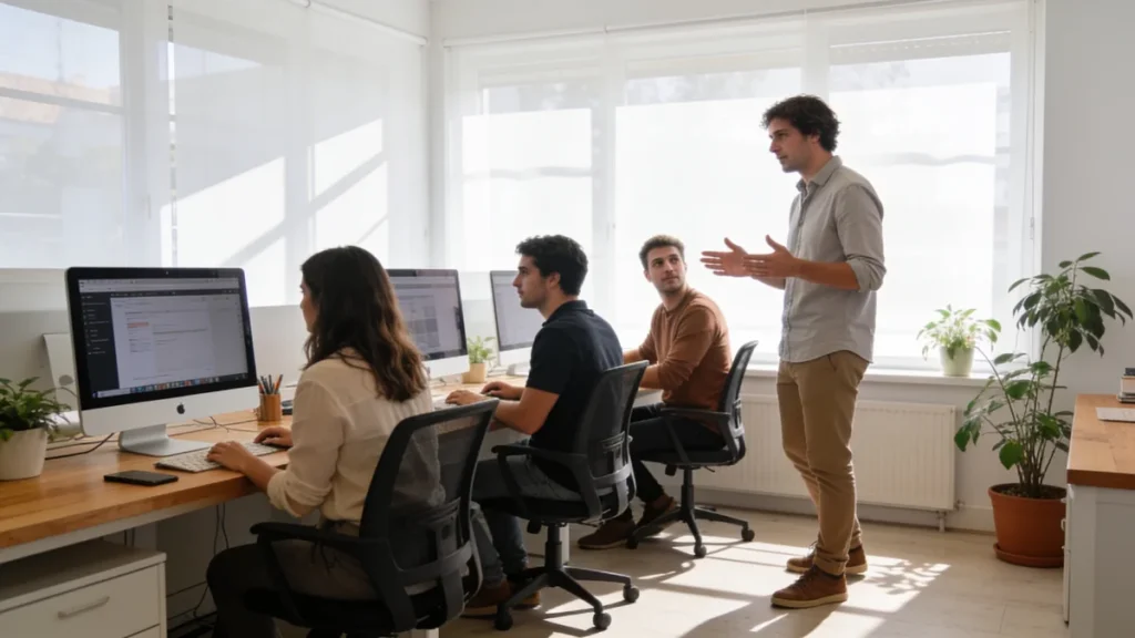 Equipo de una pyme trabajando con una aplicación web a medida en la oficina