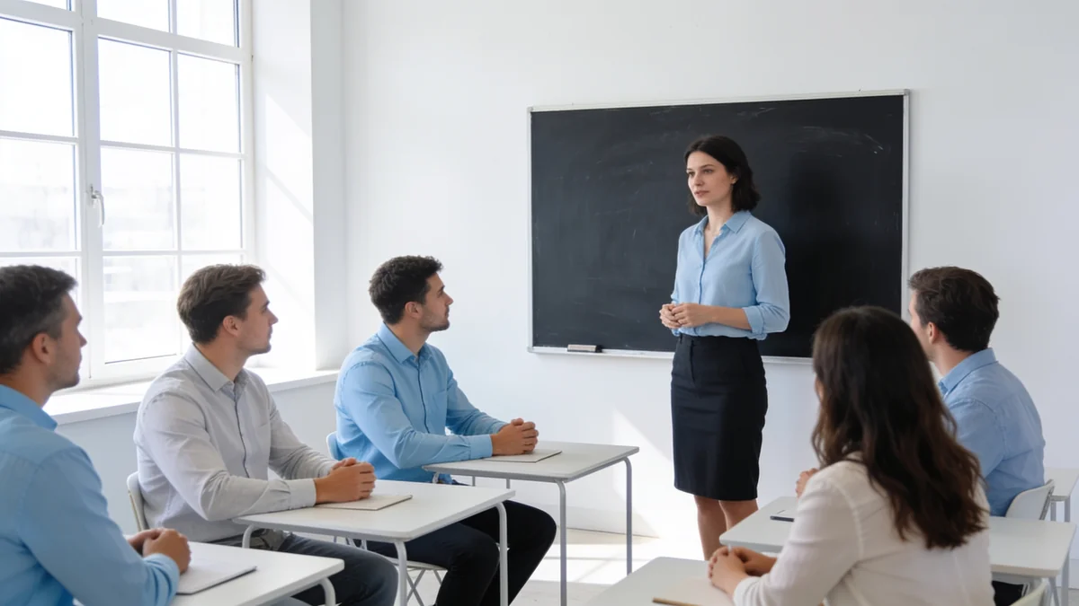 Aula de una academia impartiendo clase presencial a un grupo reducido de alumnos