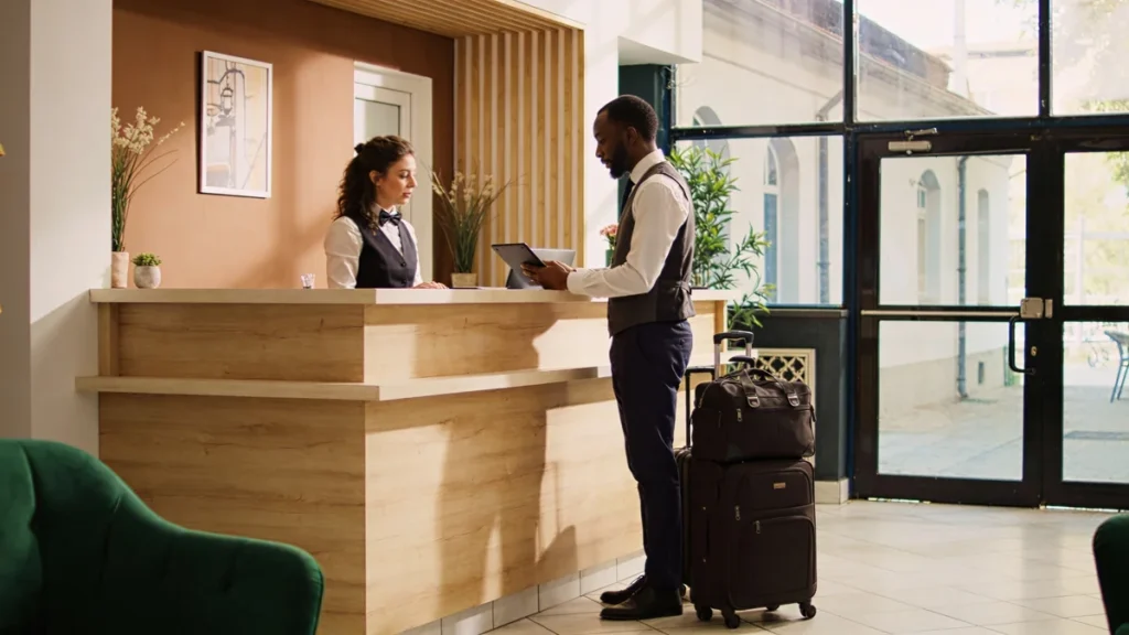Diseño web para hoteles: recepción moderna gestionando la reserva directa