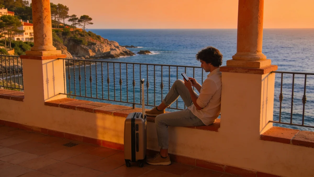 Viajero reservando habitación de hotel directamente desde la web en su móvil