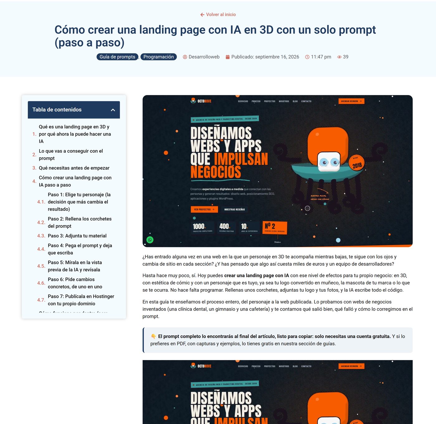 Artículo publicado en simplificaconia.com: cómo crear una landing page con IA en 3D