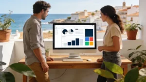 automatizaciones con ia hero Equipo de oficina revisando automatizaciones con IA en la pantalla