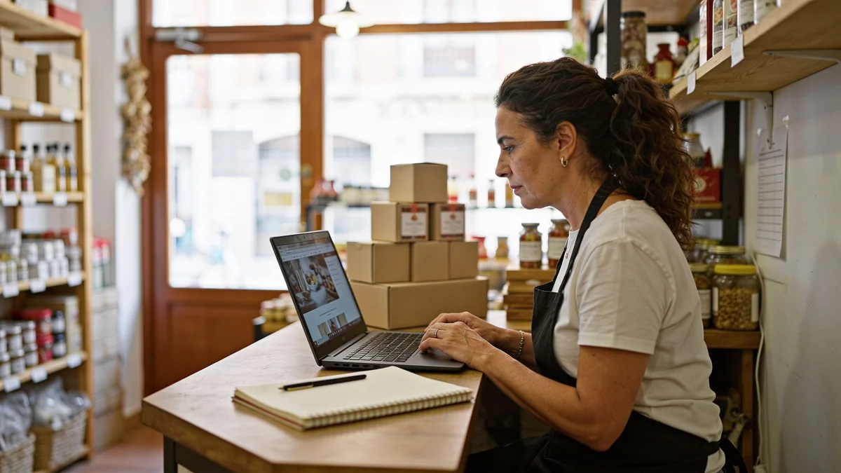 automatizaciones con ia web contenido Dueña de un pequeño comercio revisando el contenido de su web