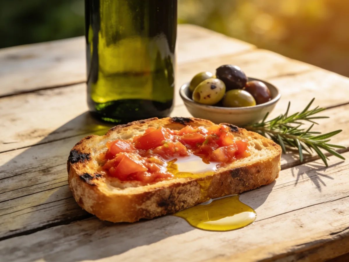Ejemplo ilustrativo: pan tostado con tomate y aceite de oliva, botella y aceitunas al fondo