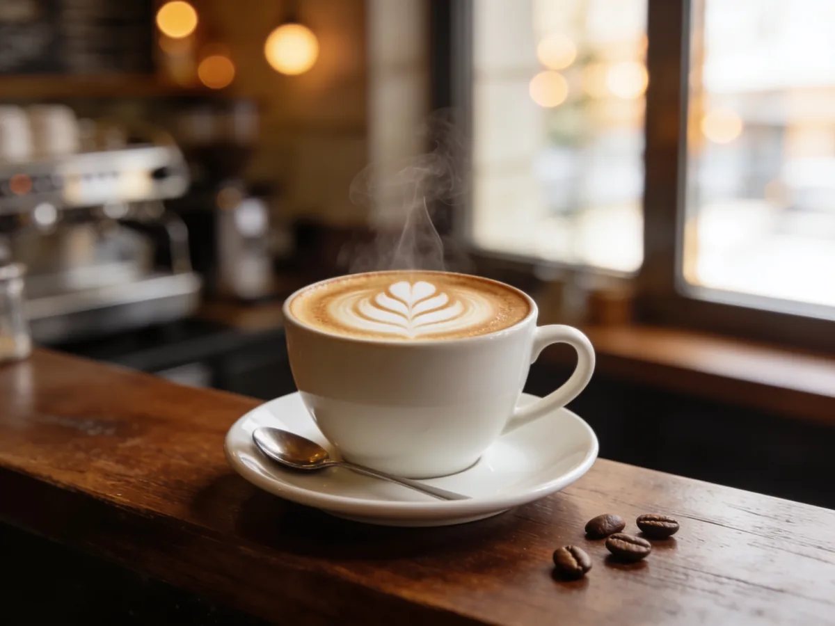 Ejemplo ilustrativo: capuchino con dibujo en la espuma sobre una barra de madera