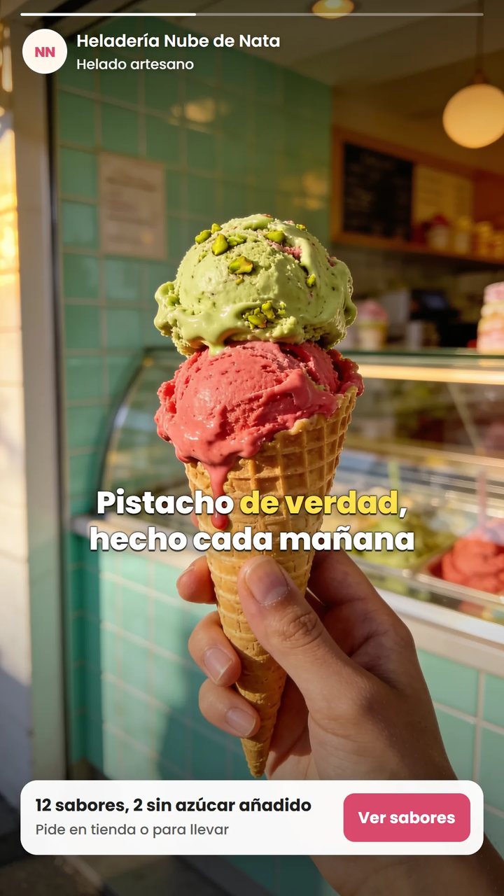 Ejemplo ilustrativo de imagen vertical de anuncio para una heladería inventada, con subtítulo y botón Ver sabores