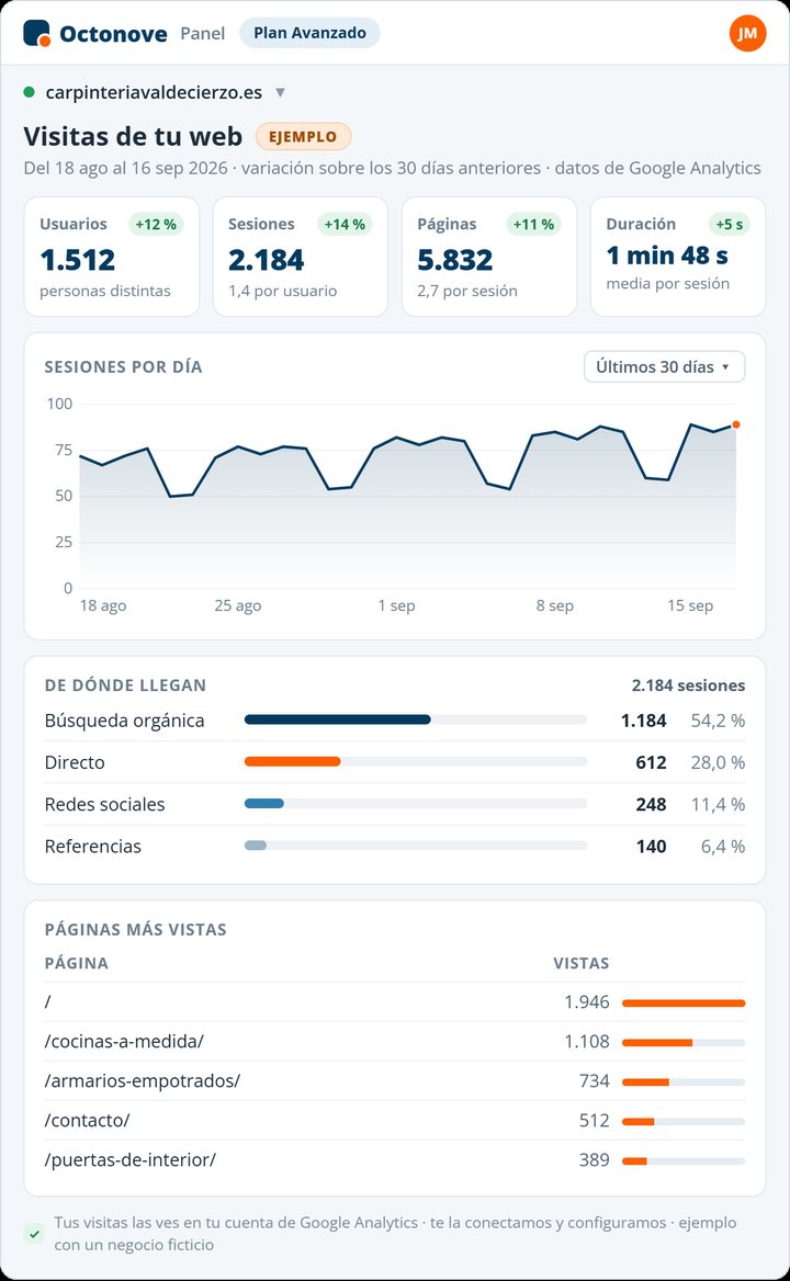 octonove src mock hosting web estadisticas trafico 1 Ejemplo ilustrativo de informe de visitas con datos de Google Analytics
