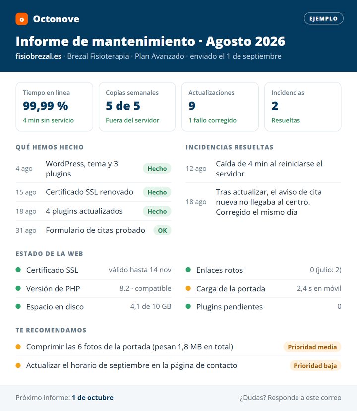 Ejemplo ilustrativo de informe de mantenimiento de Octonove para una clínica de fisioterapia ficticia: actualizaciones, copias, incidencias y estado de la web