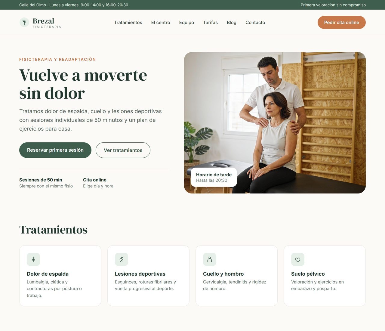 Ejemplo ilustrativo de la web de un centro de fisioterapia ficticio, con portada y tratamientos