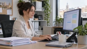 Administrativa revisando en pantalla cómo automatizar facturas con IA