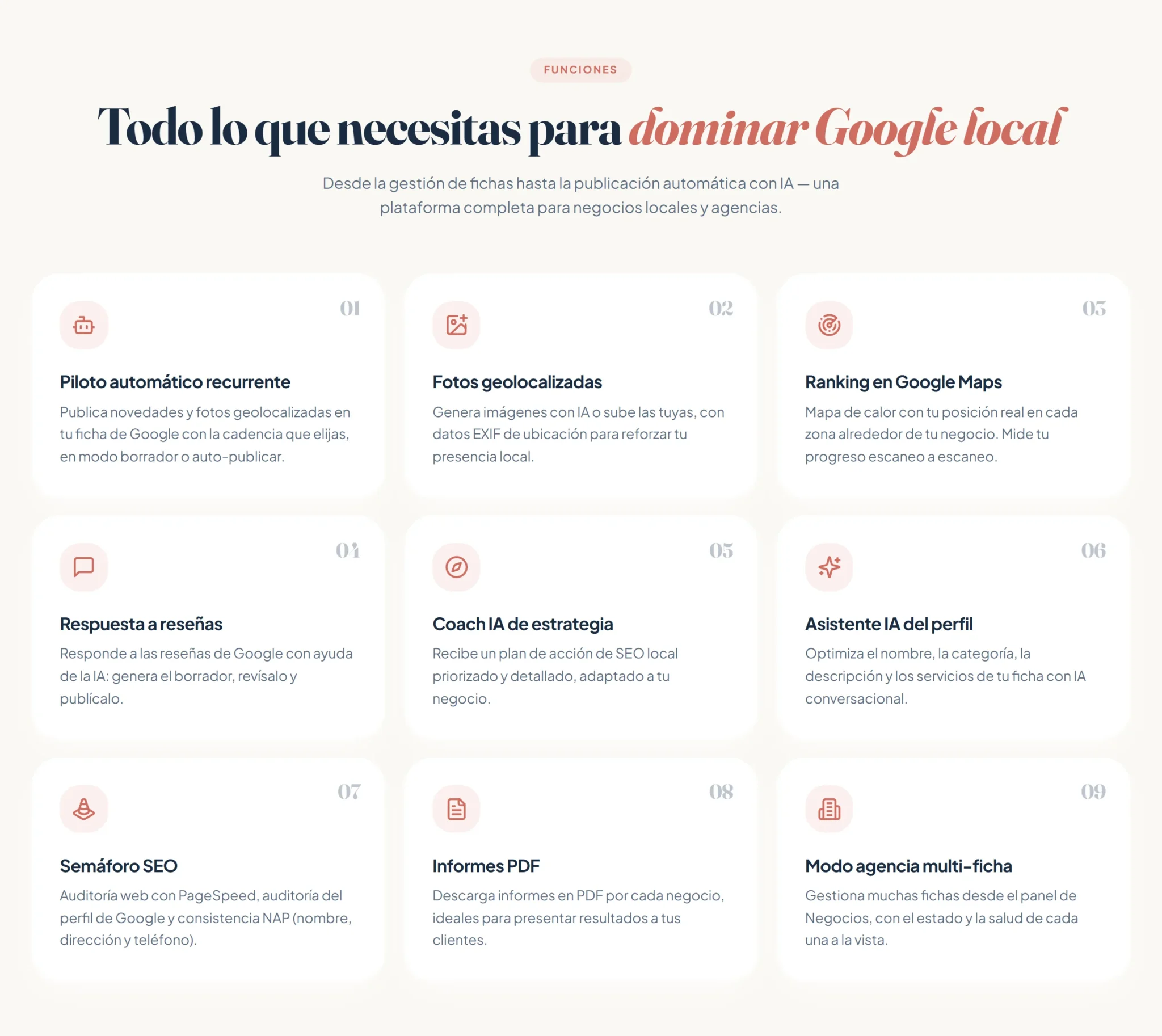 Las nueve funciones de BotSEOia: piloto automático, fotos geolocalizadas, ranking en Google Maps, respuesta a reseñas, coach y asistente IA, semáforo SEO, informes PDF y modo agencia