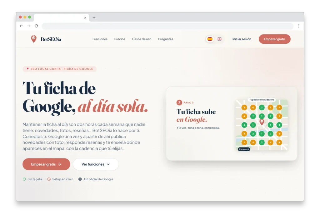 Portada de botseoia.com, el SaaS de Octonove para gestionar la ficha de Google, en una ventana de navegador