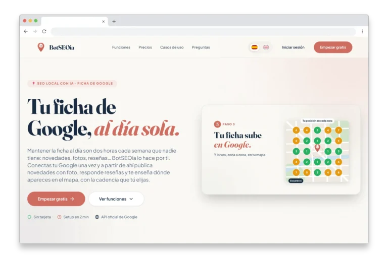 Portada de botseoia.com, el SaaS de Octonove para gestionar la ficha de Google, en una ventana de navegador