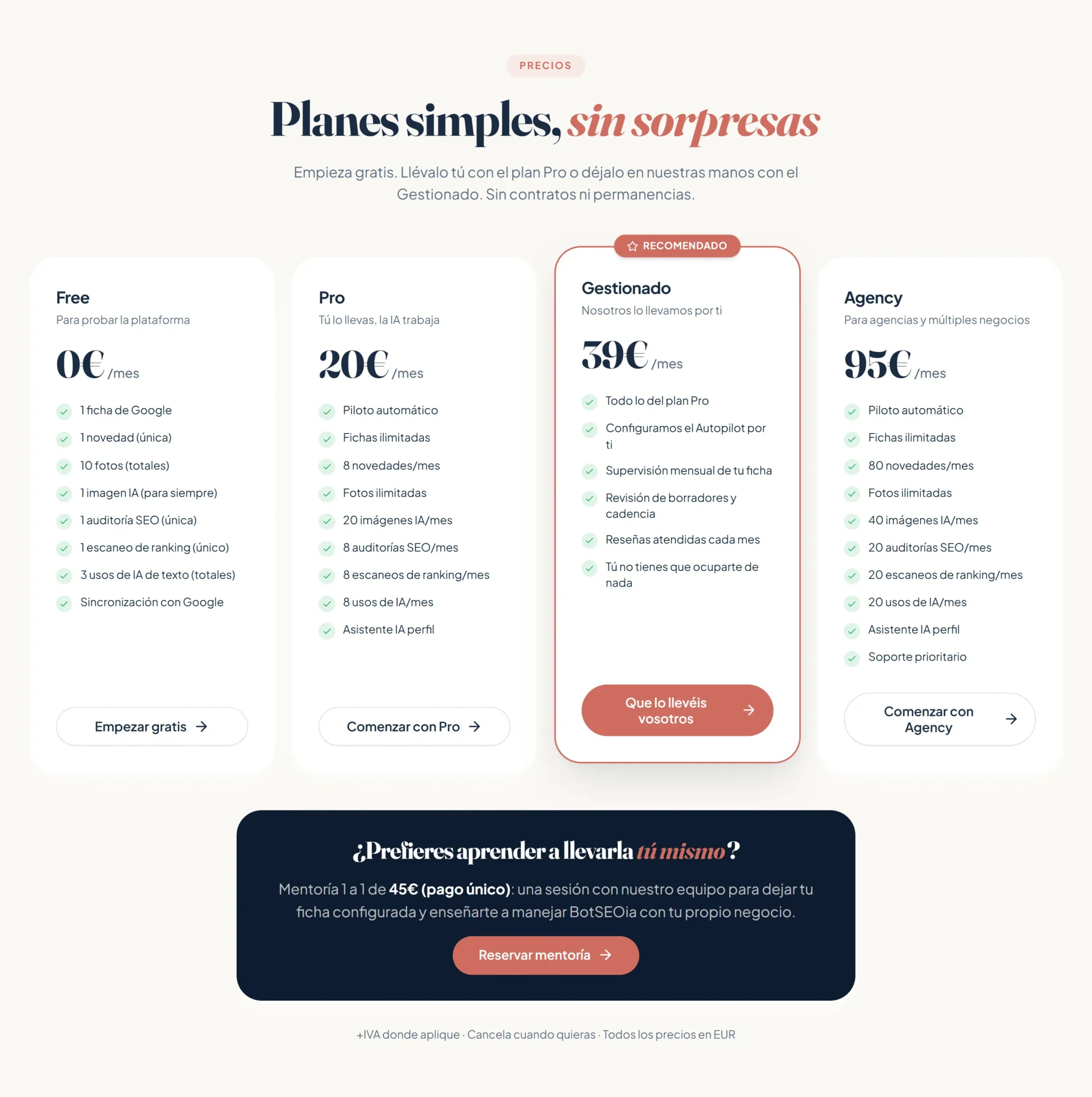 Planes de BotSEOia: Free, Pro, Gestionado y Agency, con suscripción en Stripe