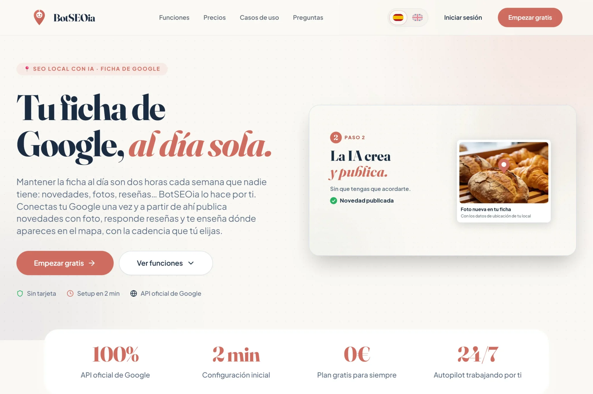Portada de botseoia.com en español: «Tu ficha de Google, al día sola»