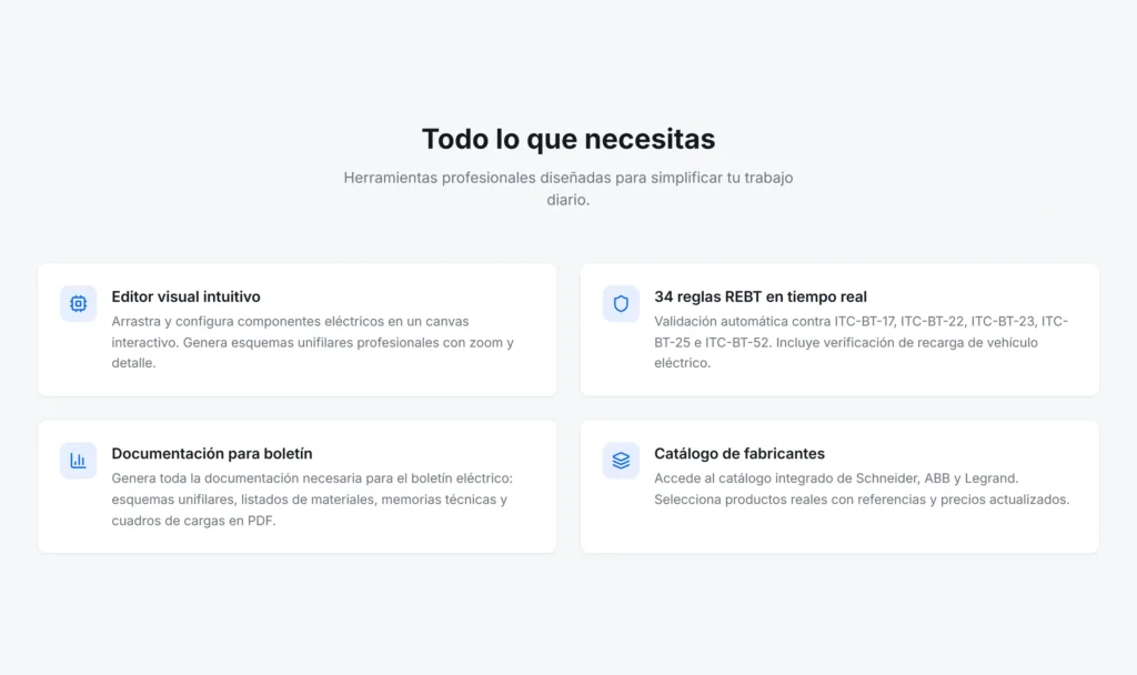 Funcionalidades de ElectroPlan: editor visual, 34 reglas REBT en tiempo real, documentación para el boletín y catálogo de fabricantes