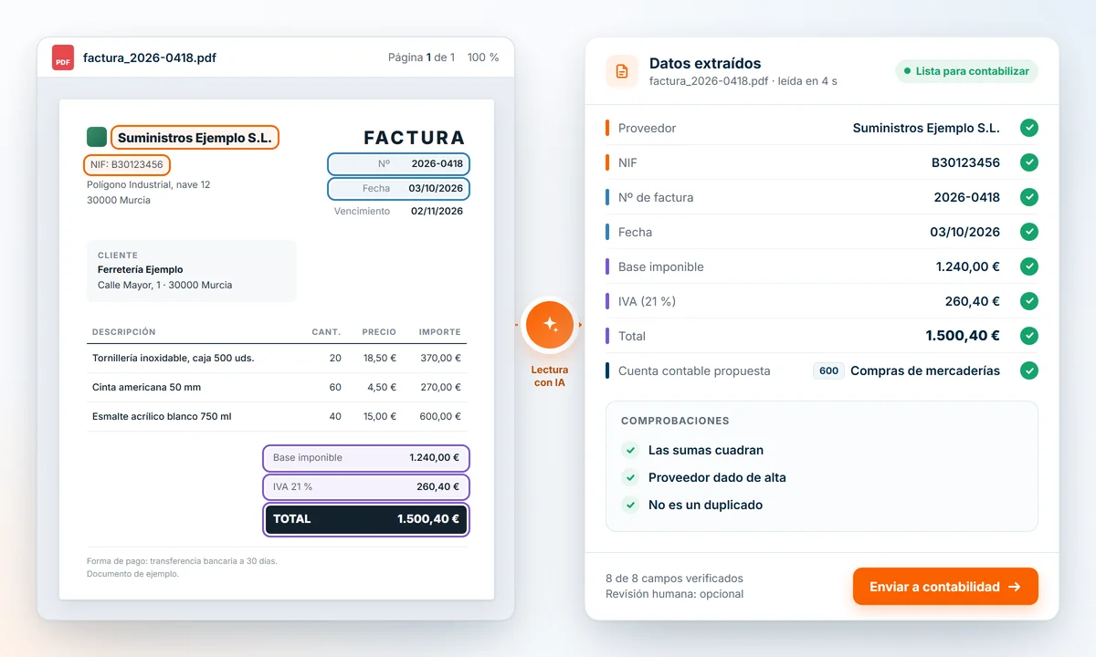 Factura de proveedor en PDF junto a sus datos extraídos y comprobados para contabilidad