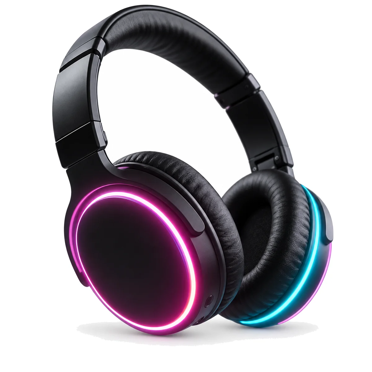 foto producto fondo blanco auriculares Auriculares negros con aros de luz sobre fondo blanco de catálogo