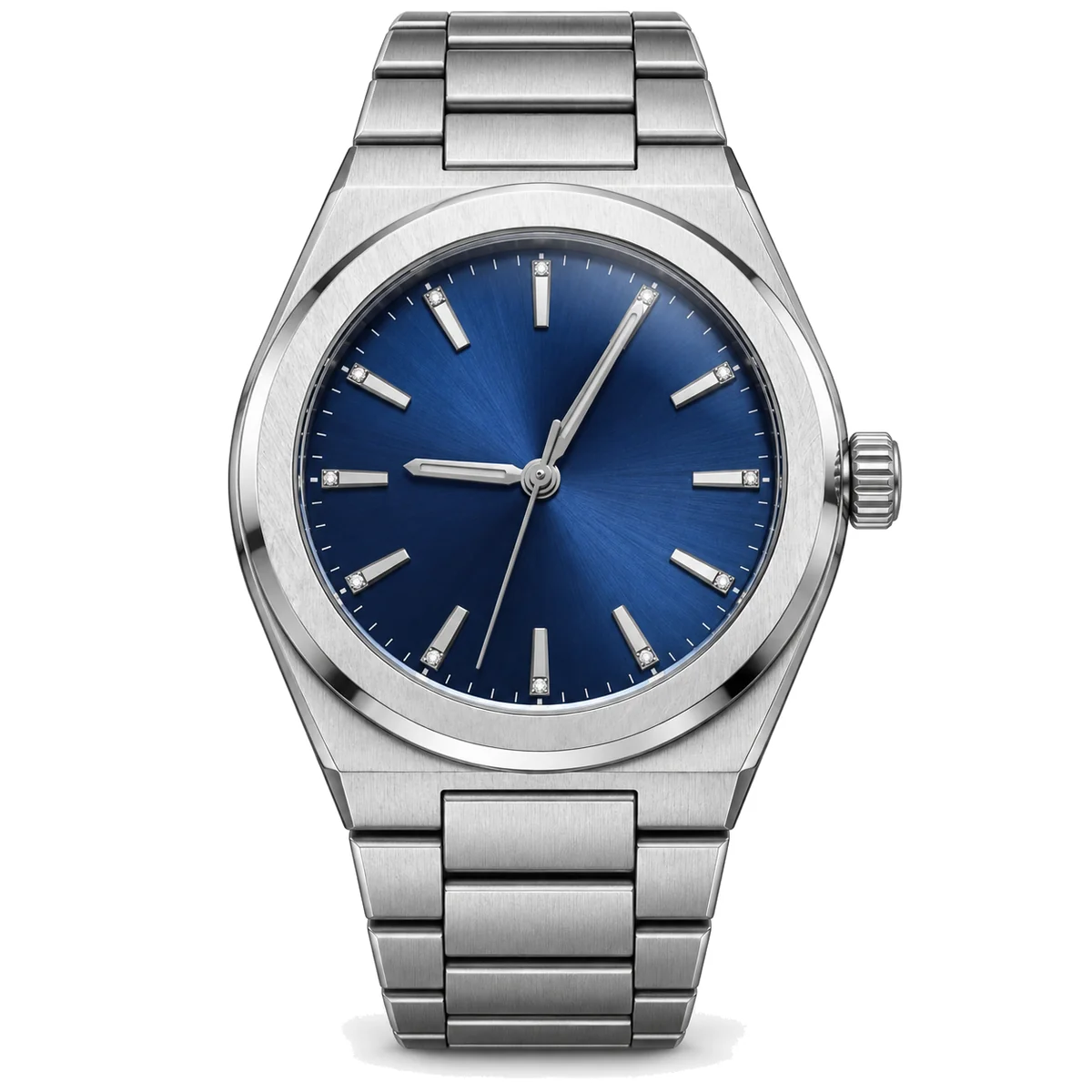 foto producto fondo blanco reloj Reloj de acero con esfera azul fotografiado sobre fondo blanco