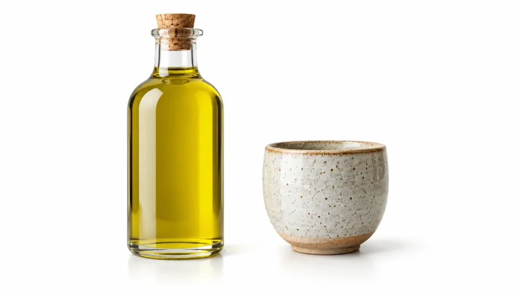 fotos de producto con fondo blanco Fotos de producto con fondo blanco de una botella de aceite y una taza de cerámica