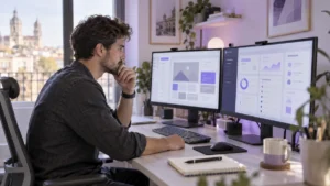 hostinger website builder o wordpress Emprendedor comparando Hostinger Website Builder o WordPress para su web