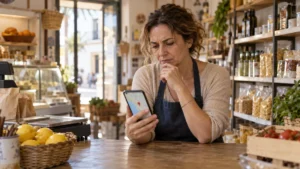 Dueña de una tienda comprobando por qué mi negocio no aparece en Google Maps