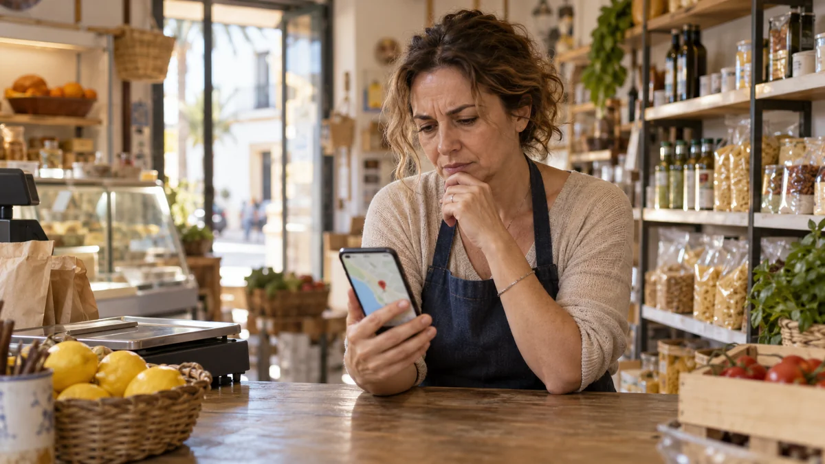 Dueña de una tienda comprobando por qué mi negocio no aparece en Google Maps