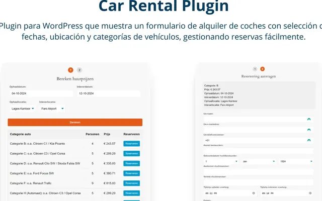 Captura de Car Rental (plugin), proyecto de Octonove