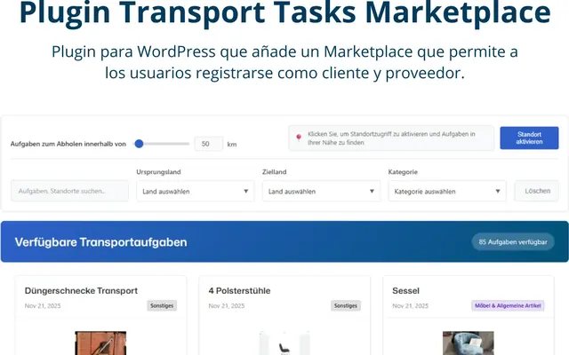 Captura de Transport Tasks (marketplace), proyecto de Octonove