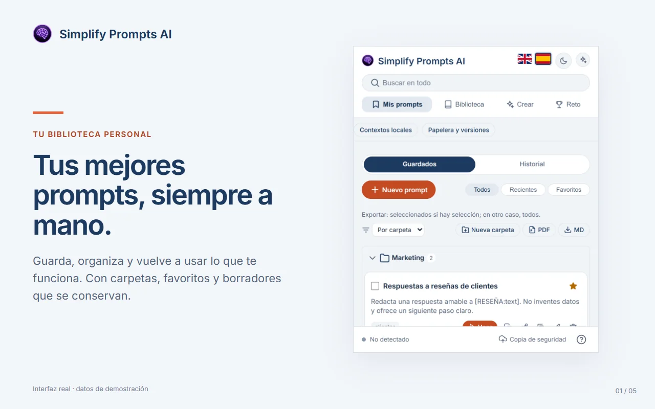 octonove simplify 260 01 20261021 Interfaz real de Simplify Prompts AI 2.6.0: carpetas, favoritos y plantillas guardadas con datos de demostración