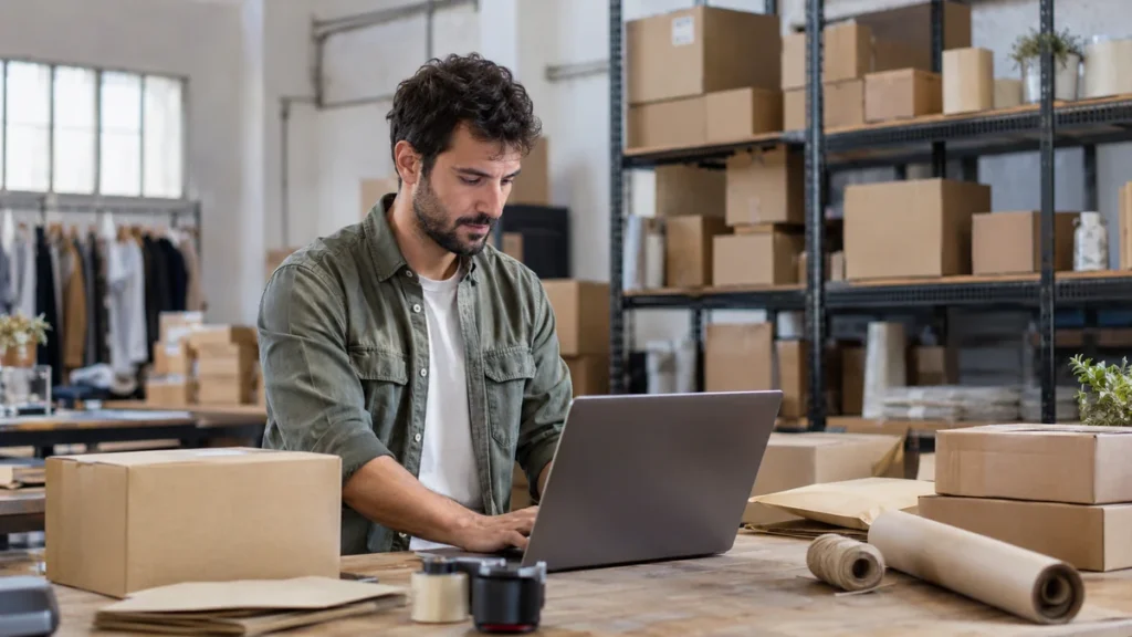 Dueño de una tienda online preparando la declaración de la ventanilla única OSS